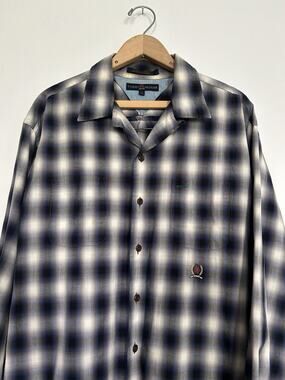 Vintage Tommy Hilfiger Shadow Plaid Loop Collar Camp Long Sleeve Button Up XL